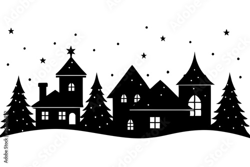 Christmas scene vector silhouette, christmas village clipart, merry christmas, christmas tree

