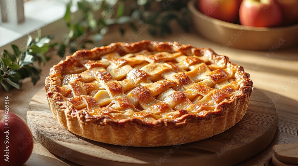 Close-up of a delicious freshly baked classic apple pie on the table with golden crust, perfect dessert new beautiful stock image illustration AI Close-up of a delicious freshly baked classic apple pie on the table with golden crust, perfect dessert new beautiful stock image illustration AI