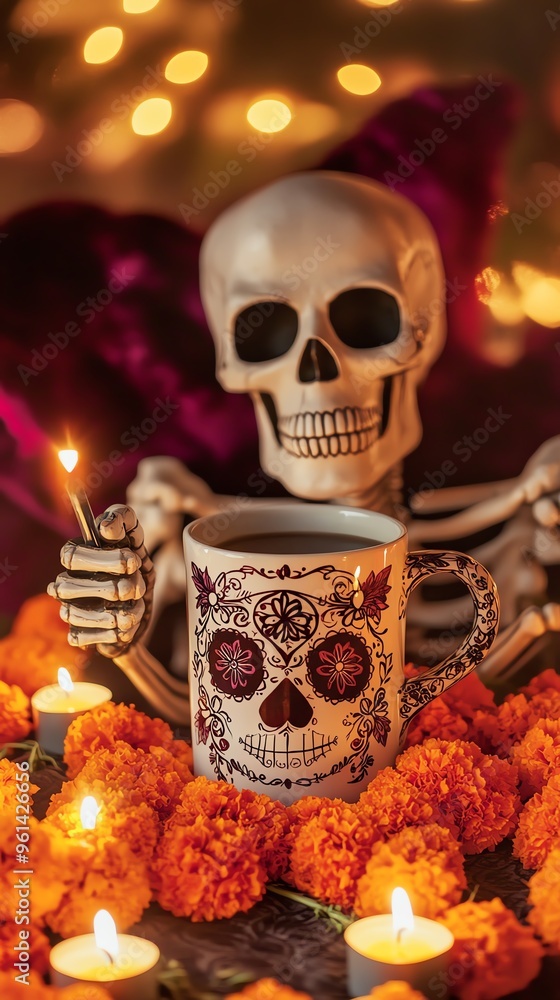 A whimsical Halloween scene featuring a skull holding a decorative mug surrounded by marigolds and candles, evoking festive spirit. A whimsical Halloween scene featuring a skull holding a decorative mug surrounded by marigolds and candles, evoking festive spirit.