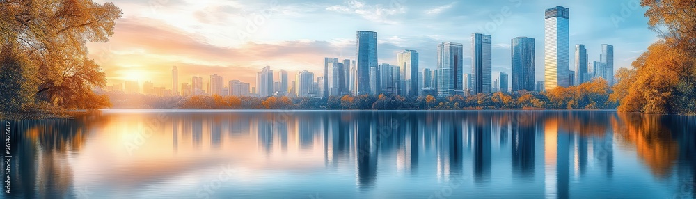 City skyline reflected in a calm lake at sunset. City skyline reflected in a calm lake at sunset.