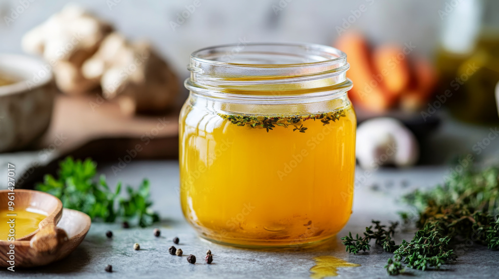 Freshly made bone broth in a jar with fresh herbs in a cozy kitchen Freshly made bone broth in a jar with fresh herbs in a cozy kitchen
