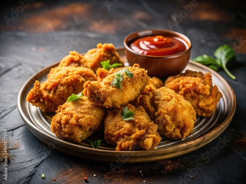 High-quality stock photo of a plate of crispy fried chicken drizzled with red sauce, placed on a sleek dark surface with elegant restaurant decor in the background