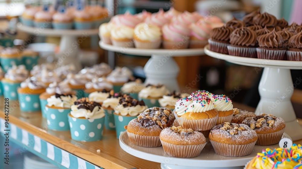 A detailed view of a school bake sale setup with a variety of baked goods and sale items on display, featuring a clean background and lots of copy space for sale highlights. A detailed view of a school bake sale setup with a variety of baked goods and sale items on display, featuring a clean background and lots of copy space for sale highlights.