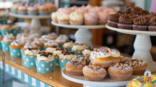 A detailed view of a school bake sale setup with a variety of baked goods and sale items on display, featuring a clean background and lots of copy space for sale highlights.