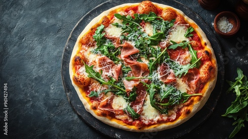 Pizza with Prosciutto, Arugula, and Mozzarella on a Wooden Board