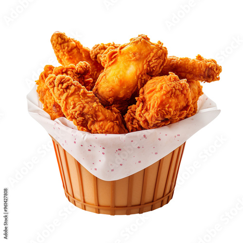 Fried chicken in paper bucket isolated on transparent and white background