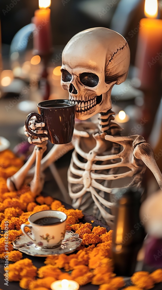 A whimsical skeleton enjoying a cup of coffee at a festive table adorned with candles and marigold flowers. A whimsical skeleton enjoying a cup of coffee at a festive table adorned with candles and marigold flowers.