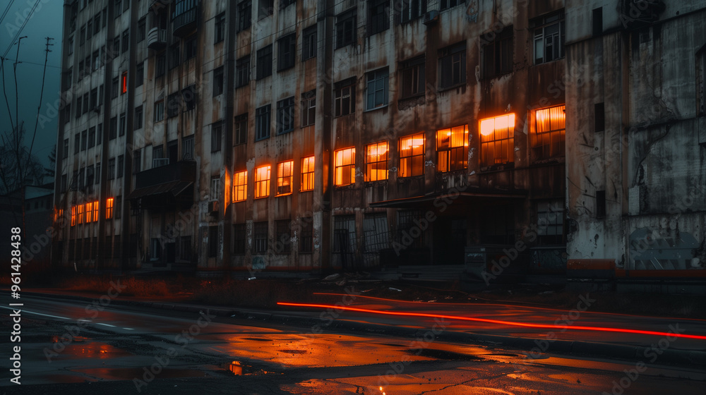 Fototapeta premium An old, weathered building illuminated by glowing orange windows at dusk, with light streaks of passing vehicles on a wet street