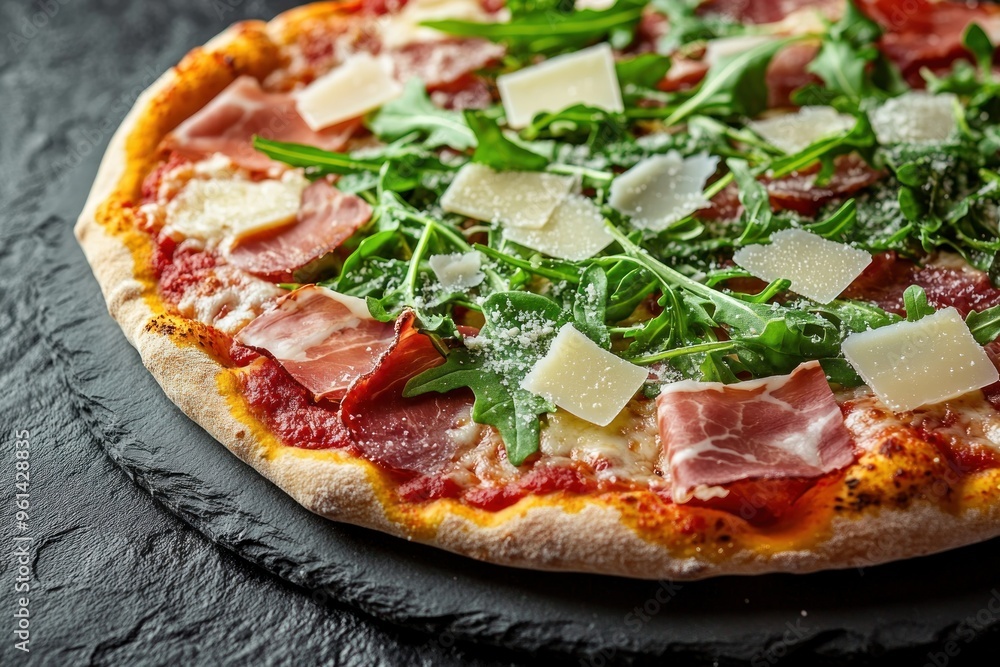 Close-up of Prosciutto Pizza with Arugula and Parmesan Cheese Close-up of Prosciutto Pizza with Arugula and Parmesan Cheese