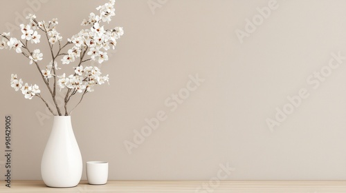 Wallpaper Mural Minimalist Home Decor with White Vase and Cherry Blossom Branches Torontodigital.ca