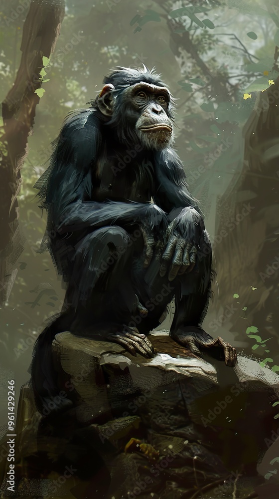 A chimpanzee sits on a rock in a lush green forest. A chimpanzee sits on a rock in a lush green forest.