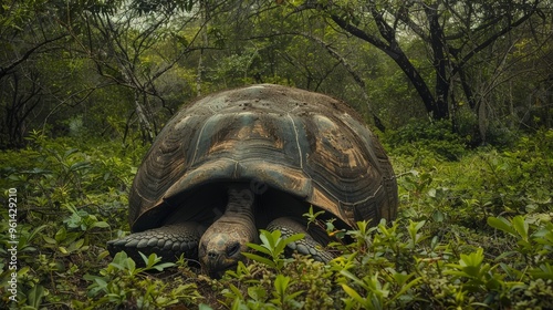  A large tortoise traverses a lush forest, surrounded by numerous green plants and towering, leafy trees photo