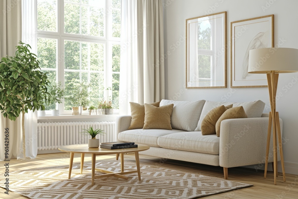 Fototapeta premium Modern Living Room Interior Design with Large Window