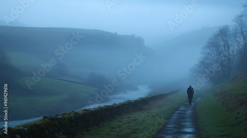 A man walks down a path in the fog. The sky is overcast and the air is damp