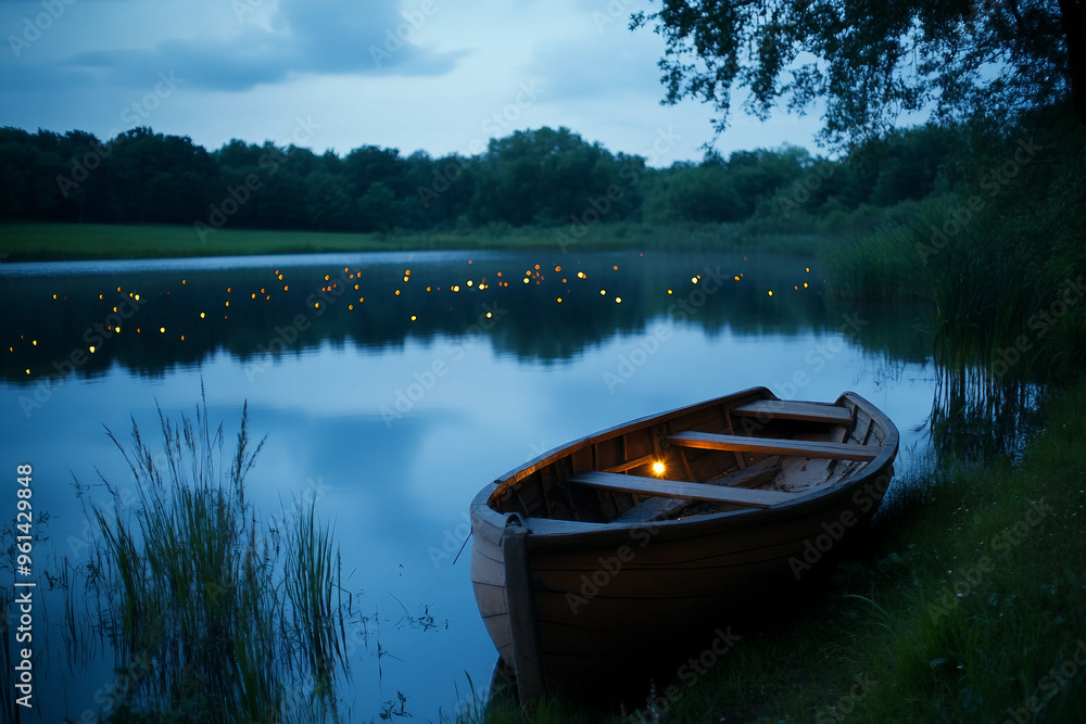 A small boat sits on the water with a light on it. The scene is peaceful and serene, with the boat reflecting the light on the water A small boat sits on the water with a light on it. The scene is peaceful and serene, with the boat reflecting the light on the water