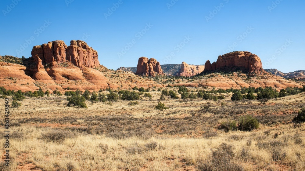 Fototapeta premium A dramatic view of red rock formations and cliffs in a desert landscape, with clear skies and sparse vegetation.