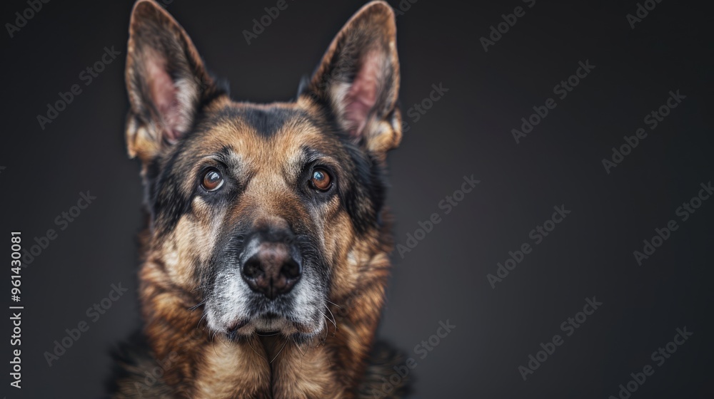 A tight shot of a poised canine gaze directly into the lens A tight shot of a poised canine gaze directly into the lens