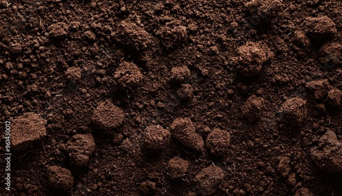 Fertile soil texture background seen from above, top view. Gardening or planting concept with copy space. Natural pattern