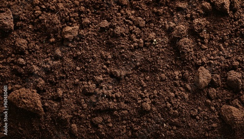 Fertile soil texture background seen from above, top view. Gardening or planting concept with copy space. Natural pattern