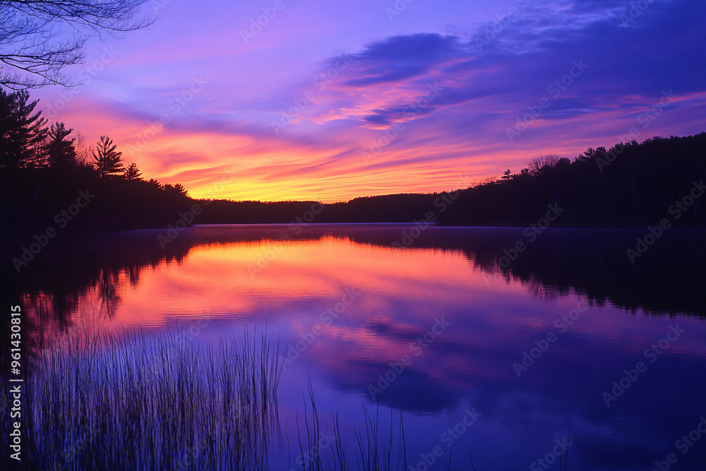 A beautiful sunset over a lake with a reflection of the sky in the water. The sky is a mix of pink and purple hues, creating a serene and peaceful atmosphere A beautiful sunset over a lake with a reflection of the sky in the water. The sky is a mix of pink and purple hues, creating a serene and peaceful atmosphere