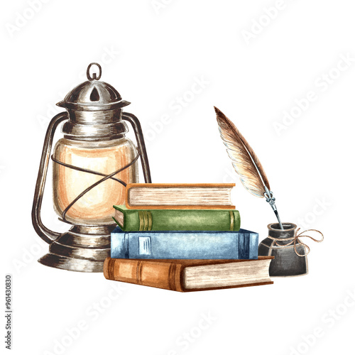 Books stack and Vintage lantern. Inkwell with feather. Composition with oil lamp and writing supplies. Hand drawn watercolor illustration isolated. Template for sticker, card, website, scrapbooking.