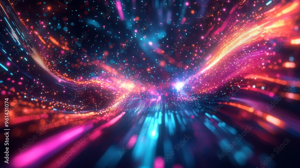 Naklejka premium A dynamic 3D abstract scene with multicolored particles and light trails, creating a mesmerizing digital landscape.