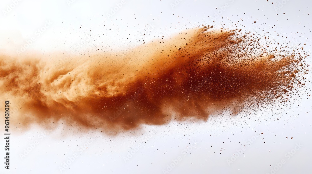 dynamic photograph capturing the explosive moment of brown dust particles erupting against a pure white background freezing the chaotic beauty of the powder cloud dynamic photograph capturing the explosive moment of brown dust particles erupting against a pure white background freezing the chaotic beauty of the powder cloud
