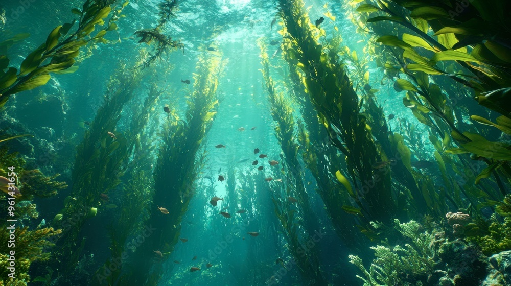 Fototapeta premium A fascinating undersea view of a kelp forest, with tall kelp swaying in the current and fish swimming through the green foliage.