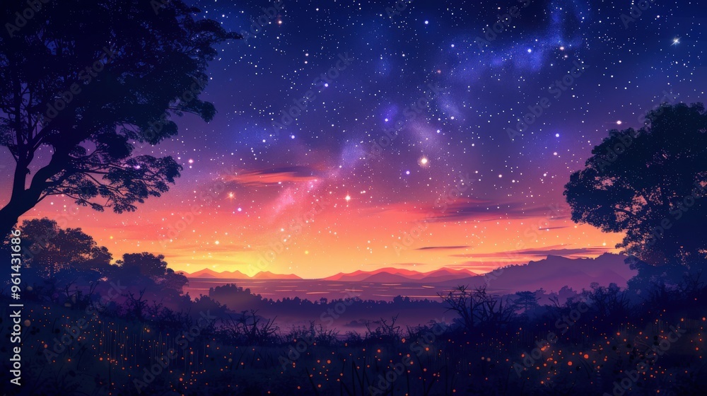 A vibrant image of a nature reserve night scene with starlit sky and illuminated trails, with a clean background and ample copy space for nocturnal captions and messages. A vibrant image of a nature reserve night scene with starlit sky and illuminated trails, with a clean background and ample copy space for nocturnal captions and messages.