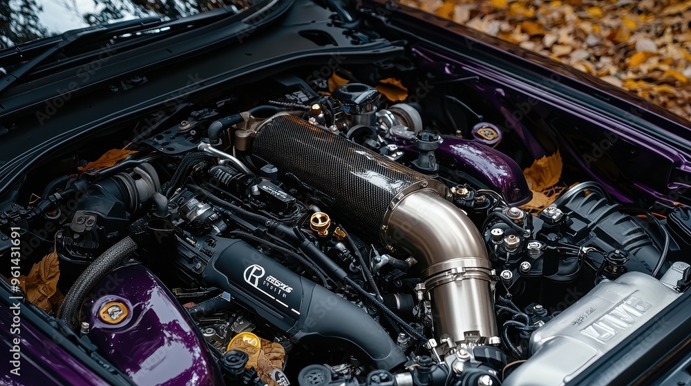 Fototapeta premium Purple Sports Car Engine Bay Closeup with Carbon Fiber Intake