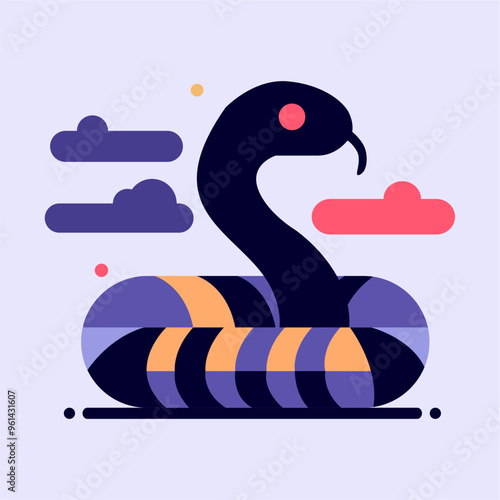Abstract snake silhouette. Boho style. Clouds shapes. Isolated colorful serpent in flat style for logo or icon.