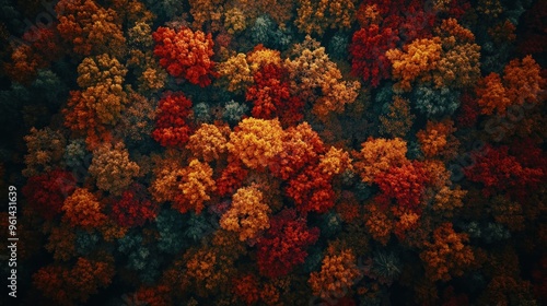 Aerial view of a vibrant autumn forest with rich hues of red, orange, and yellow foliage.