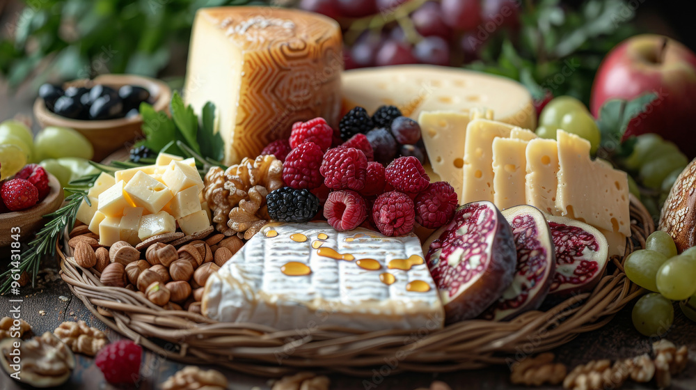 A wooden serving platter features mixed charcuterie meats (salami, prosciutto), Gouda and Cheddar cheeses, clusters of grapes, mixed nuts, and slices of crusty bread A wooden serving platter features mixed charcuterie meats (salami, prosciutto), Gouda and Cheddar cheeses, clusters of grapes, mixed nuts, and slices of crusty bread