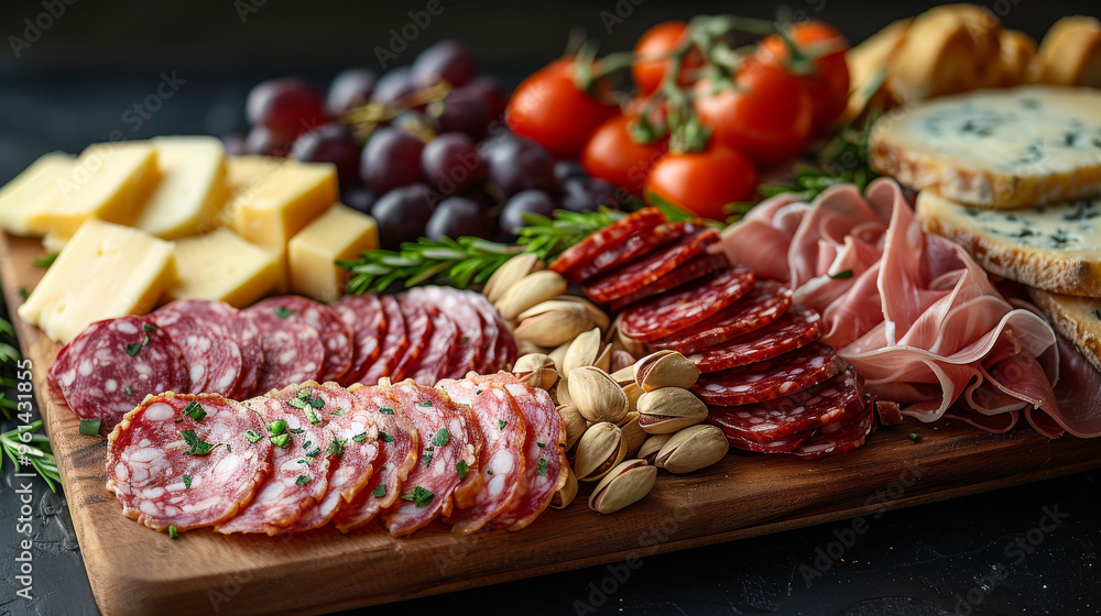 A wooden serving platter features mixed charcuterie meats (salami, prosciutto), Gouda and Cheddar cheeses, clusters of grapes, mixed nuts, and slices of crusty bread A wooden serving platter features mixed charcuterie meats (salami, prosciutto), Gouda and Cheddar cheeses, clusters of grapes, mixed nuts, and slices of crusty bread