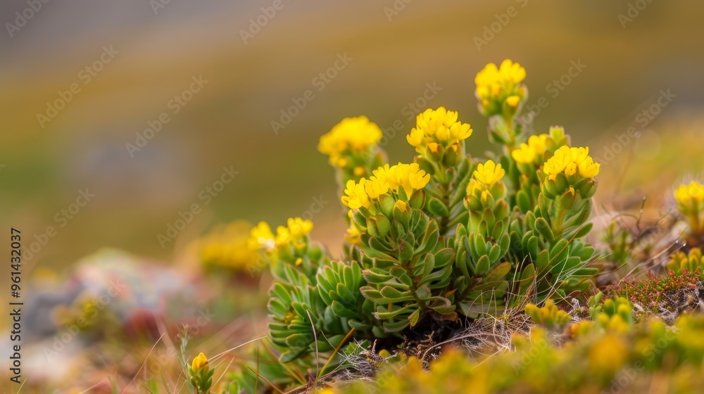 Obraz premium A small plant with a yellow center bloom, surrounded by grass and other background plants
