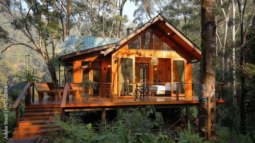 A detailed view of an eco-friendly accommodation such as a treehouse or solar-powered lodge, featuring a clean background and lots of copy space for lodging information. photo