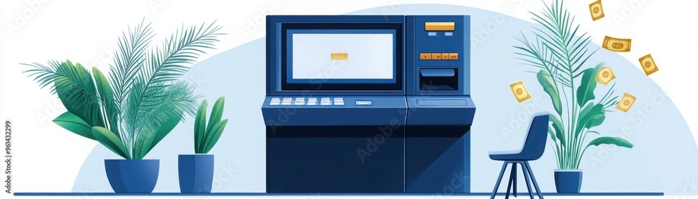 Illustration of an ATM machine surrounded by plants with flying money and a chair in a modern, clean setting. Illustration of an ATM machine surrounded by plants with flying money and a chair in a modern, clean setting.