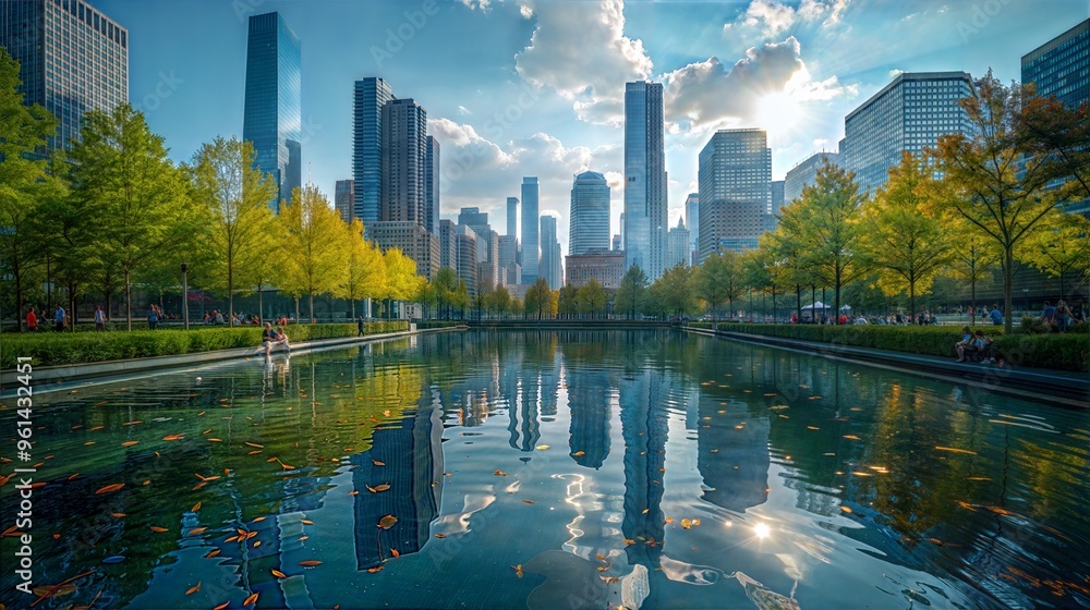 Fototapeta premium Urban Skyline Reflection in Tranquil Park Pond during Autumn Day in Downtown Cityscape