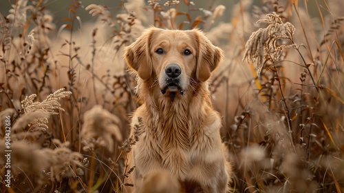  A tight shot of a dog in a field, surrounded by tall grass swaying in the wind The background brims with grasses billowing in the breeze