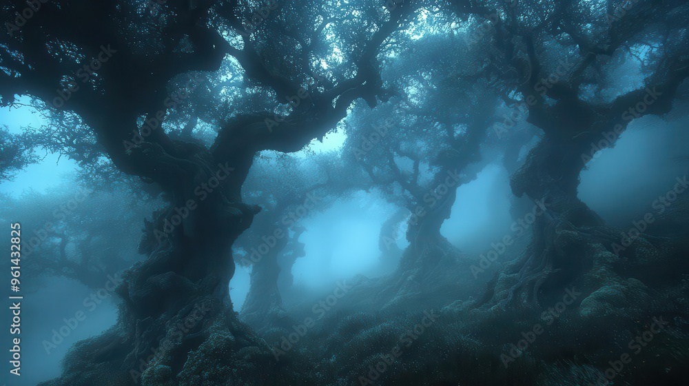 eerie fogshrouded forest at twilight gnarled trees with twisted branches reaching out like skeletal fingers mysterious bluish light filtering through the mist eerie fogshrouded forest at twilight gnarled trees with twisted branches reaching out like skeletal fingers mysterious bluish light filtering through the mist