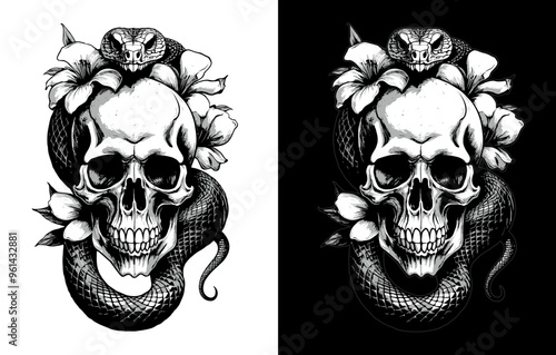Snake and Skull with hibiscus flowers, BW Vector