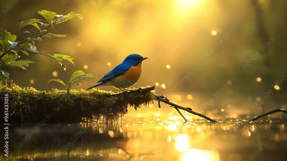 Nature's tapestry unfurls, where a vibrant bluebird alights upon a mossy branch, perched amidst the forest's embrace. Water's shimmering surface reflects the golden rays of dawn Nature's tapestry unfurls, where a vibrant bluebird alights upon a mossy branch, perched amidst the forest's embrace. Water's shimmering surface reflects the golden rays of dawn