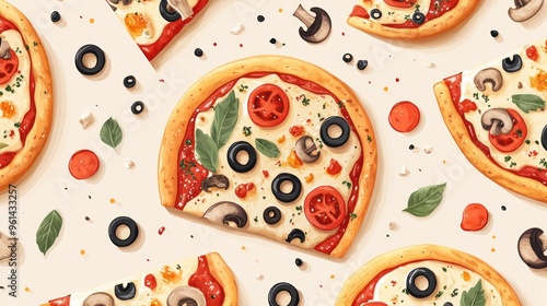 Pizza Slices with Mushrooms, Tomatoes, and Olives photo