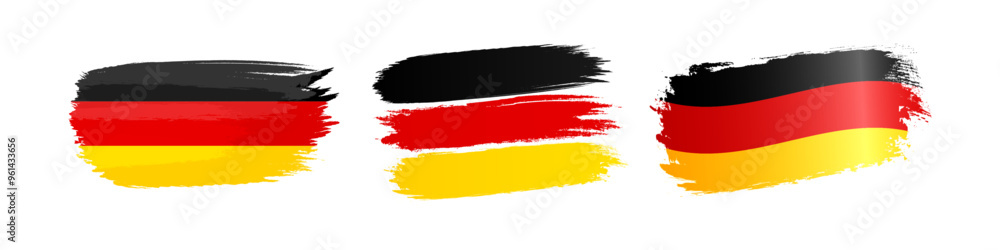 Naklejka premium Set of German flag icons. Decorative handdrawn style abstract elements. Brushstroke graphic design. Background concept. Tricolor flags. Isolated flag of Germany. Black, red and yellow three colors.