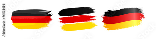 Set of German flag icons. Decorative handdrawn style abstract elements. Brushstroke graphic design. Background concept. Tricolor flags. Isolated flag of Germany. Black, red and yellow three colors.