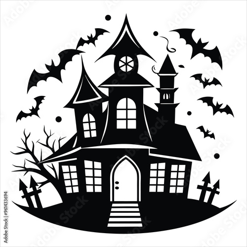 ai generated design 
halloween, house, silhouette, vector, spooky, haunted, dark, scary, eerie, horror, night, bats, moon, cemetery, ghost, pumpkins, lantern, graveyard, witch, cat, spider, webs, wind