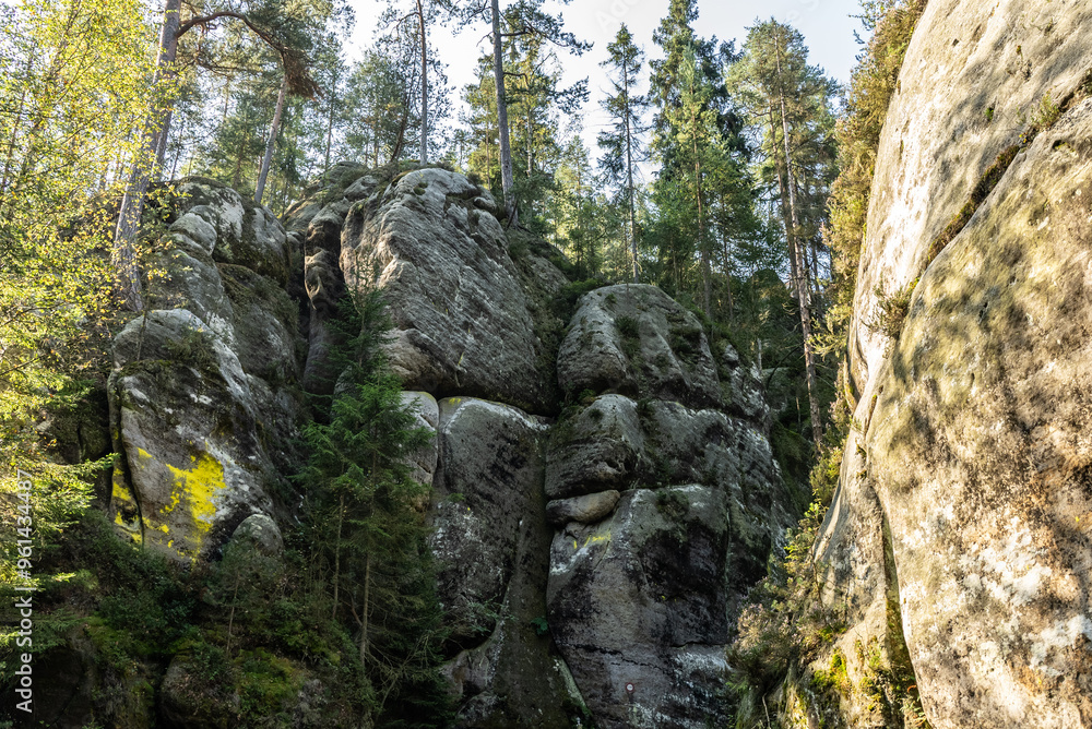 National Park of Adrspach Teplice rocks. Beautiful limestone sandstones rocks in Adrspach, Czech Republic. Adrspach Teplice Rocks mountain range in Central Sudetes part of the Table Mountains. National Park of Adrspach Teplice rocks. Beautiful limestone sandstones rocks in Adrspach, Czech Republic. Adrspach Teplice Rocks mountain range in Central Sudetes part of the Table Mountains.