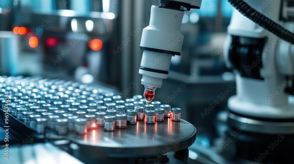 Automation in a laboratory setting, showcasing a robotic arm handling vials. Automation in a laboratory setting, showcasing a robotic arm handling vials.