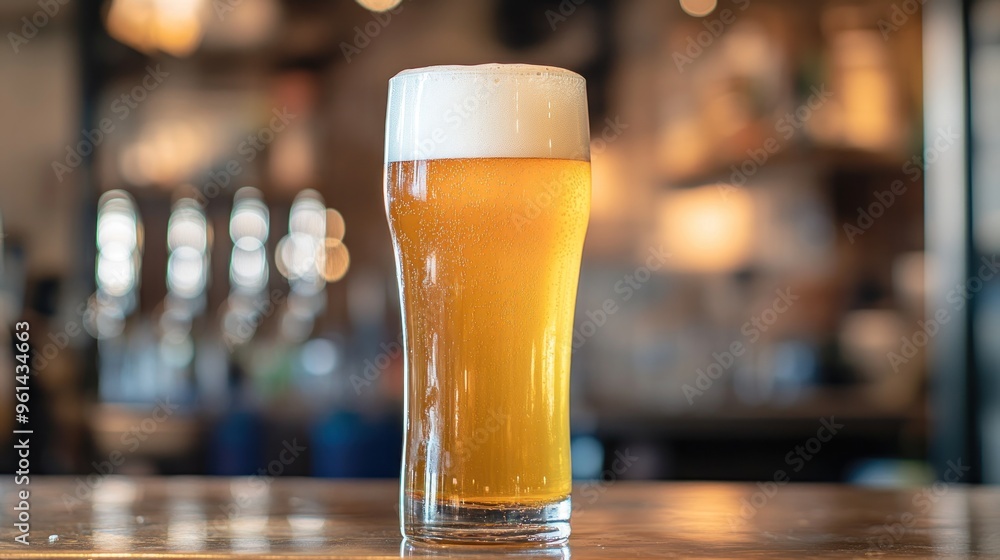 Glass filled with golden yellow beer that is foamy and sparkling with bubbles. Glass filled with golden yellow beer that is foamy and sparkling with bubbles.