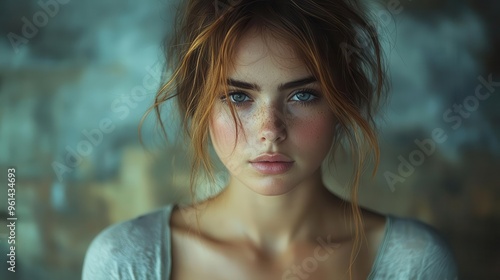 emotive portrait of a young woman in a dimly lit room face partially shadowed body language and expression convey feelings of sadness and isolation muted color palette enhances melancholic mood